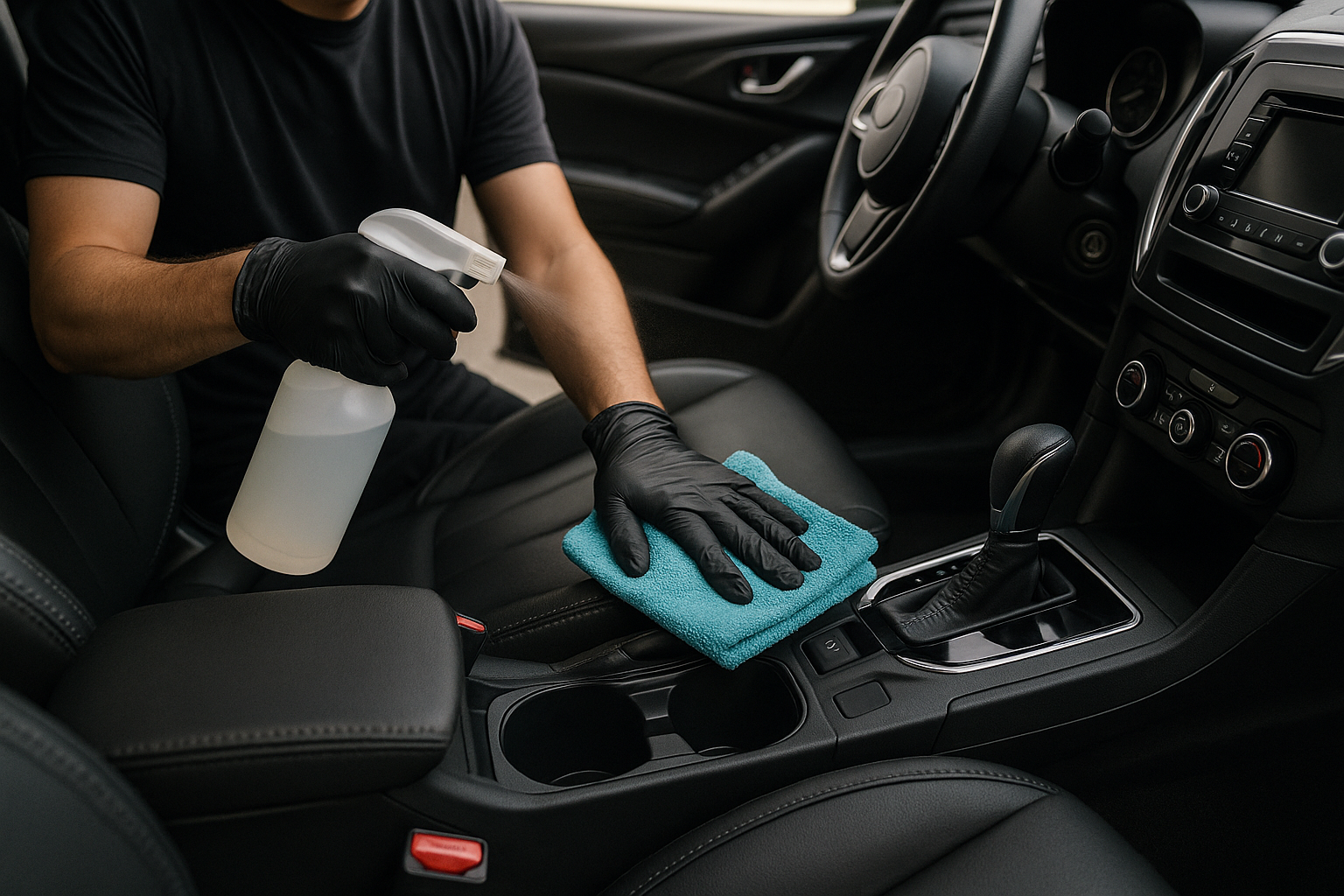 Een foto waarbij iemand iemand het interieur van een auto met zwarte bekleding reinigt 